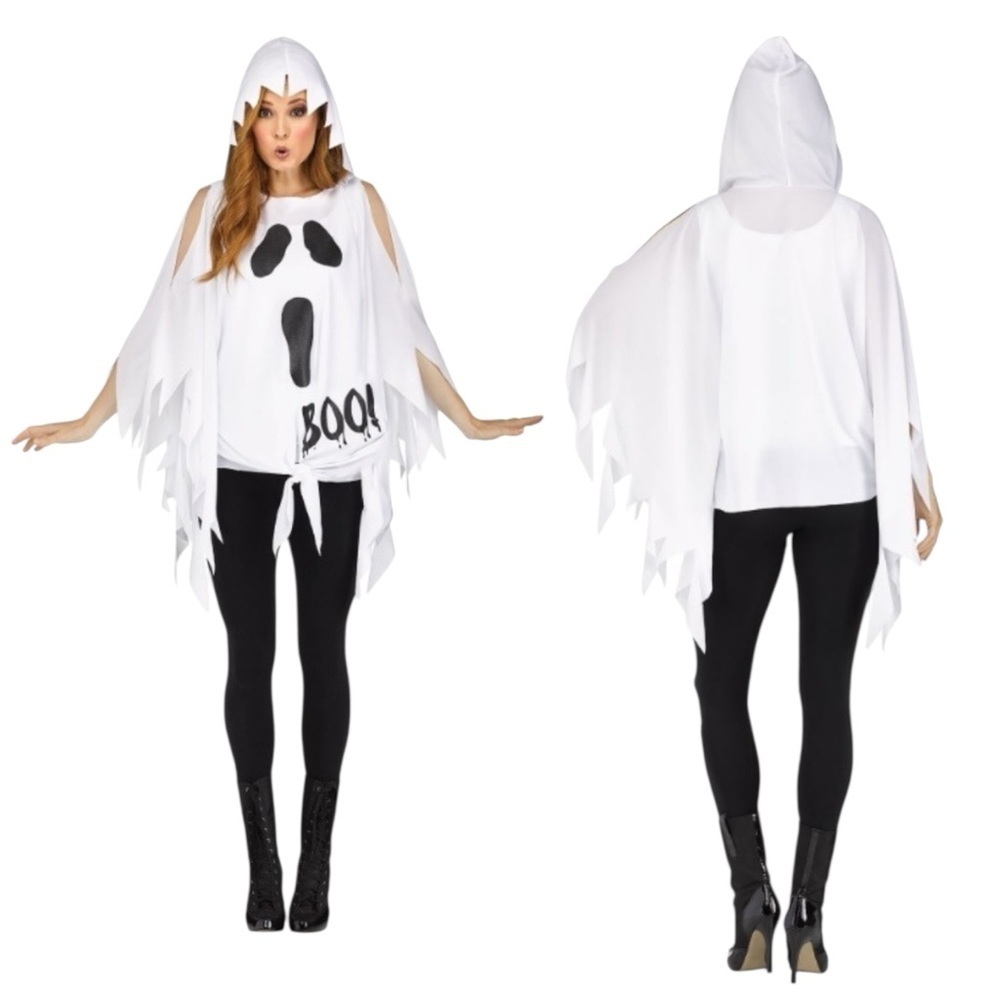 Adult Women's Classic White Ghost Halloween Easy Costume Hooded Poncho Top NEW